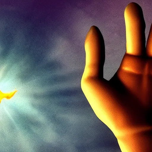 Prompt: the hand of God reaching a human, ethereal concept Art, HDR