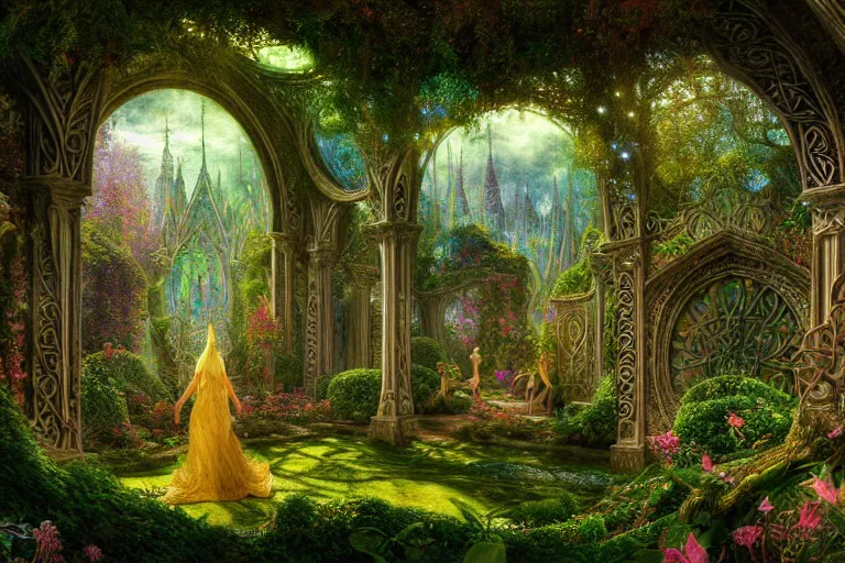 Prompt: a beautiful and highly detailed digital painting of an elven palace in a beautiful garden in a mystical forest, faerie realm, psychedelic patterns, celtic designs, intricate details, epic scale, cgsociety, 8 k, sharp focus, hyperrealism, by caspar friedrich, albert bierstadt, james gurney, brian froud,