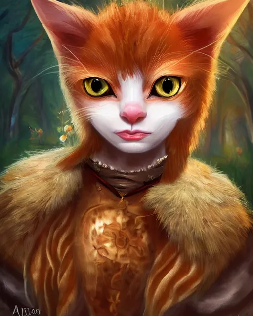 Image similar to High Fantasy whimsical portrait painting of a wise anthropomorphic humanoid ginger cat with big bushy eyebrows, upper body, wearing fantasy formal clothing, wearing fantasy clothing, cgsociety, trending on artstation, dnd