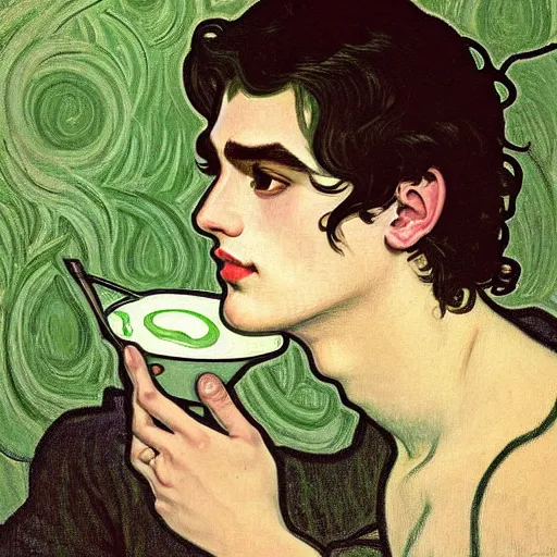 Prompt: painting of young cute handsome beautiful dark short wavy hair man in his 2 0 s named shadow taehyung at the cucumber matcha soup party, somber, depressed, melancholy, sad, elegant, clear, painting, stylized, delicate, soft facial features, delicate facial features, soft art, art by alphonse mucha, vincent van gogh, egon schiele