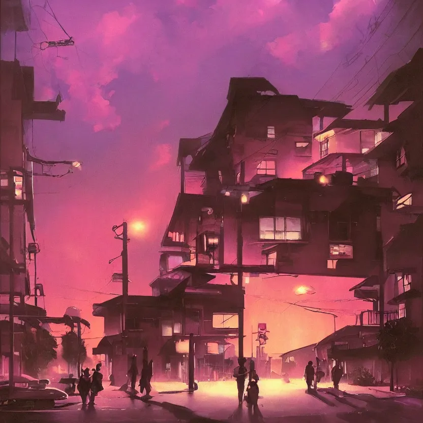 Prompt: a suburban neighborhood with deep pink, purple, and orange glowing clouds. misty atmosphere. highly detailed science fiction painting by norman rockwell, frank frazetta, and syd mead. rich colors, high contrast, gloomy atmosphere, dark background. trending on artstation.