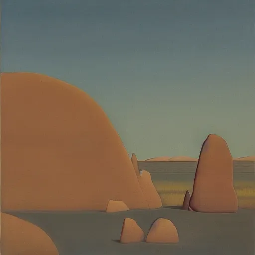 Prompt: a liminal ding yi and rockwell kent painting titled'rock in the perfect ripple'