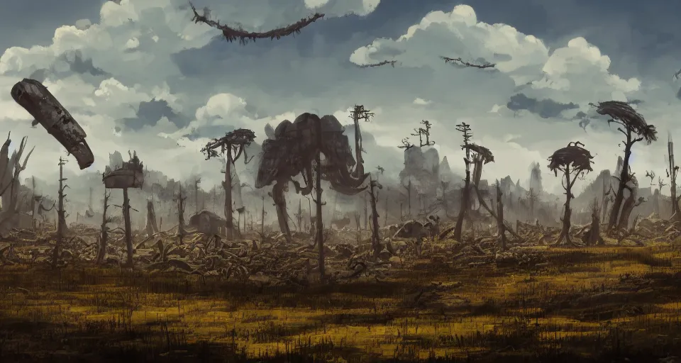 Prompt: landscape painting of a post apocalyptic field with huge skulls lying around by Friedrich, Caspar David, Studio Ghibli, concept art, trending on artstation 4k