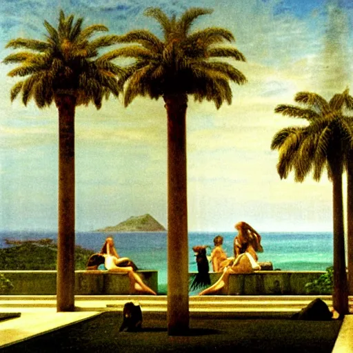 Prompt: Giant columns palace, thunderstorm, greek pool, beach and palm trees on the background major arcana sky, by paul delaroche, magazine photo from 1987, hyperrealistic 8k, very detailed