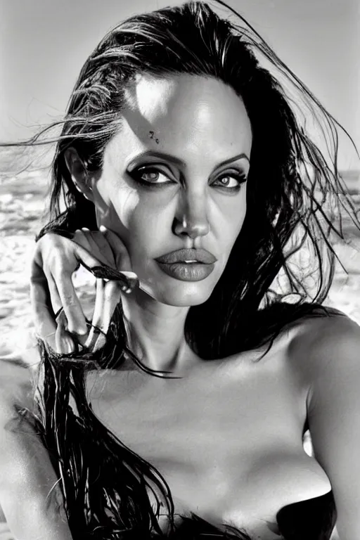 Prompt: close up headshot of angelina jolie as Nico Robin from One Piece standing on a beach, cosplay, photograph by Mario Testino