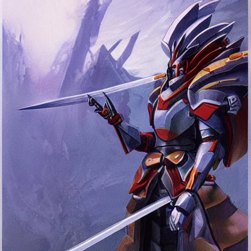 Prompt: concept art of omegamon, sword for left arm and a cannon for right arm, fantasy, valley, heavy fog, wayne barlowe, ultra realistic