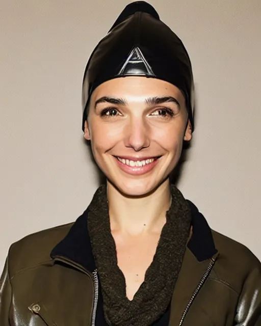 Image similar to headshot of a smiling, gal gadot, she is wearing a leather bomber cap on her head, she is also wearing an a 2 flight jacket, a long green wool scarf is wrapped around her neck