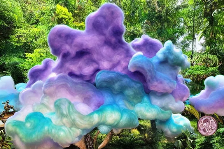 Image similar to a huge flock of many smooth puffy marvelous cloud sculptures with whirling ultra detailed gemstone crystal sculptures, art nouveau jungle environment, soothing, crepuscular rays, award winning art, epic dreamlike fantasy landscape, ultra realistic,