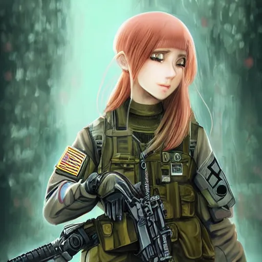 Prompt: anime girl in a united states army special forces uniform, cute face, digital art, portrait, anna dittmann