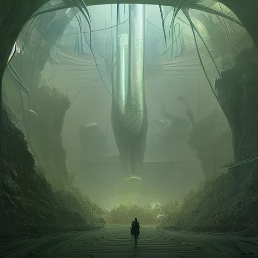 Prompt: epic alien jungle by zdzisław beksinski, greg rutkowski inside a giant futuristic mall by zaha hadid, inspired by the movie matrix