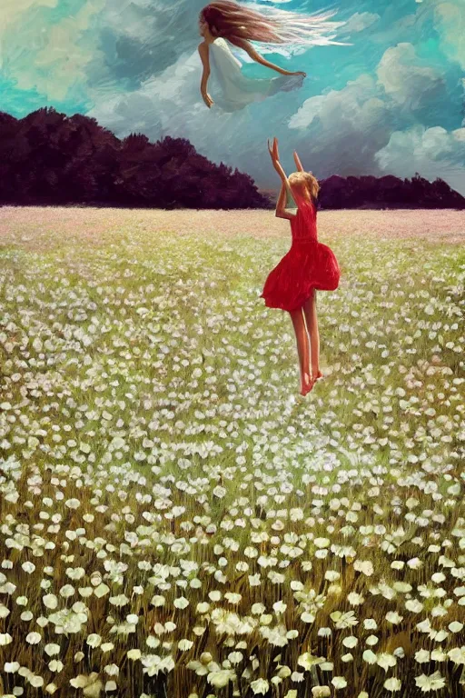 Image similar to giant white daisy flower as head, girl dancing in a flower field, surreal photography, sunrise, dramatic light, impressionist painting, colorful clouds, digital painting, artstation, simon stalenhag