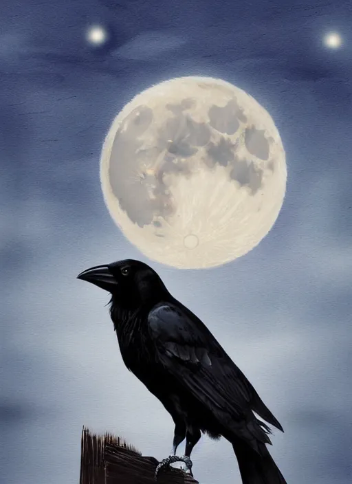 Image similar to book cover, crow in front of the full big moon, realistic colors, digital art