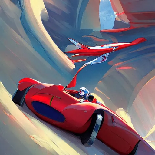 Image similar to speed racer's mach 5 racing over dangerous cliffs, studio ghibli studio key hideaki anno sakimichan stanley artgerm lau rossdraws james jean marc simonetti elegant highly detailed digital painting artstation pixiv