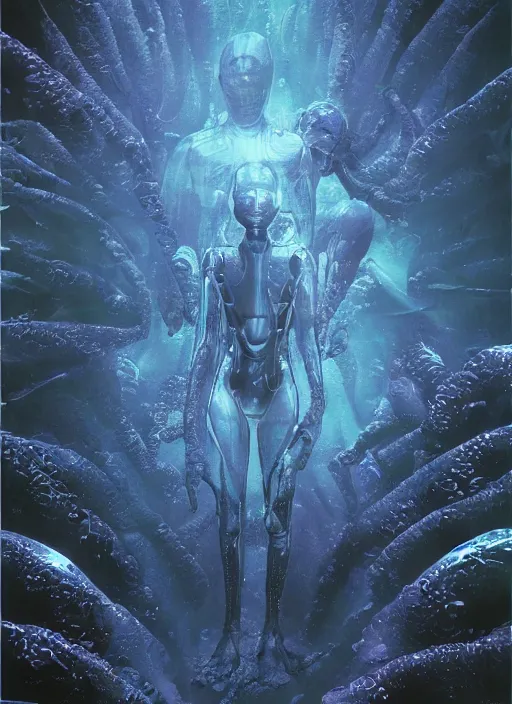 Image similar to transparent astronauts in dark underwater void - complex and hyperdetailed suit. reflection and dispersion materials. rays and dispersion of light. glowing lights. volumetric light. f / 3 2. noise film photo. flash photography. ultra realistic, wide angle. poster by wayne barlowe, hajime sorayama aaron horkey, craig mullins