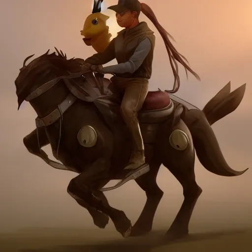 Image similar to pikachu riding a horse concept art, sharp focus, digital art, Hyper-realistic, 4K, Unreal Engine, Highly Detailed, HD, Dramatic Lighting by Brom, trending on Artstation,