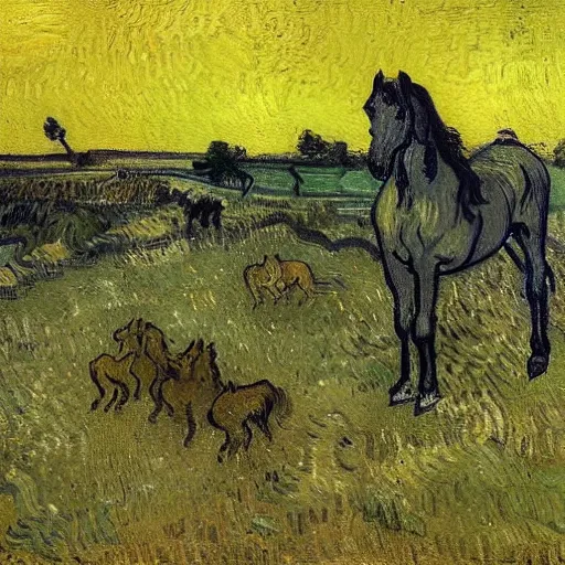 Prompt: horses standing in a field in the moonlight, award winning painting by Vincent van gogh, highly detailed, masterpiece