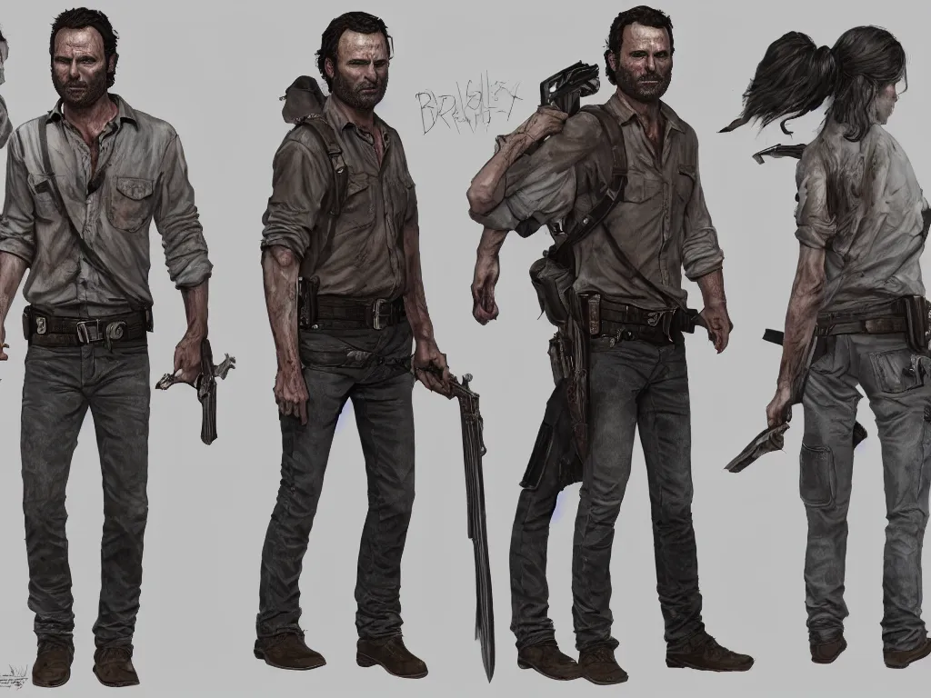 Image similar to character design sheet, rick grimes, the walking dead, fantasy, medieval, vivid colors, concept art, sharp focus, digital art, Hyper-realistic, 4K, Unreal Engine, Highly Detailed, HD, Dramatic Lighting by Brom, trending on Artstation