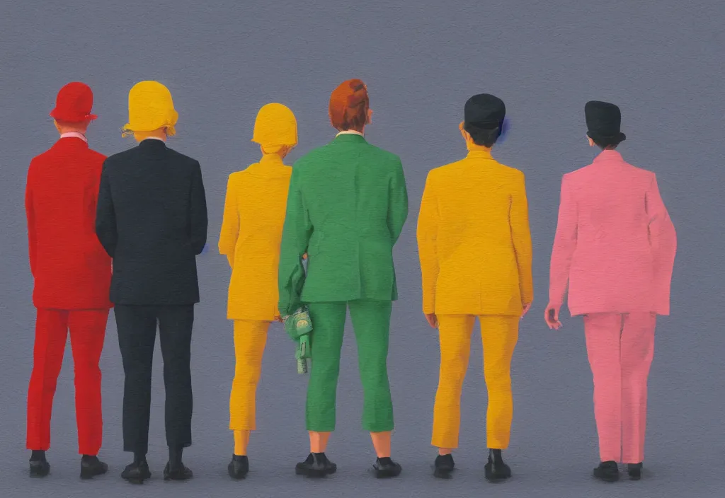 Image similar to full body portrait of a trio of european tourists with nikon cameras, rear views, character designs painting, in the style of wes anderson, rene magritte, lola dupre, david hockney, isolated on white background, dark monochrome neon spraypaint accents volumetric octane render