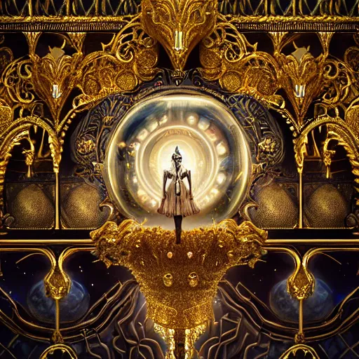Prompt: symetrical highly detailed ornate with jewels and precious metals majestic, sandman kingdom, close up in the bg entrance castle kingdom of dreams, space ships, futuristic, land of advanced races, giants, hollow earth, hiperrealistc, global illumination, radiant light, detailed and intricate environment. art by oleg oprisco, 8 k