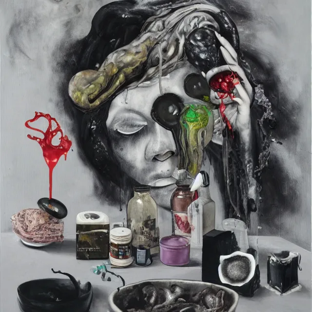 Prompt: dripping black and grey paint, white wax, sensual, pork, a sad portrait in a female art student's apartment, surgical supplies, grey vegetables, depression, crying, woman holding a brain from inside a painting, berries, octopus, incense, bottles covered in wax, neo - expressionism, surrealism, acrylic and spray paint and oilstick on canvas