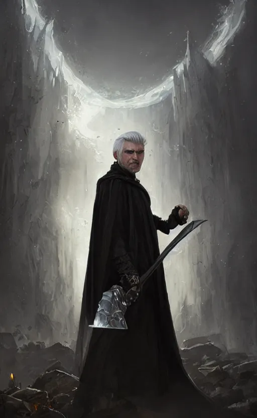 Prompt: portrait man with silver hair wearing a black cloak, white eyes, holding a warhammer, fantasy, highly detailed, cinematic lighting, digital art painting by greg rutkowski