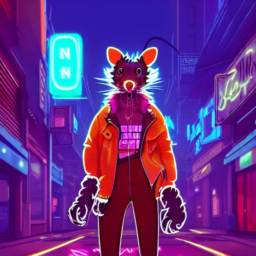 Prompt: beautiful furry digital art portrait commission of an androgynous furry anthro rat fursona wearing punk clothes in the streets of a cyberpunk city. neon signs. character design by charlie bowater, ross tran, artgerm, and makoto shinkai