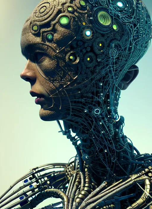 Image similar to timeless cybernetic deity with circuitry skin and networked mind tripping on acid, intricate detail, royo, whealan, giger, klimt, hd, octane render, unreal engine,