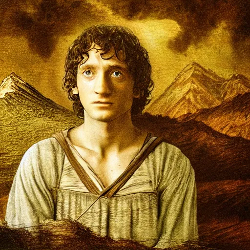 Image similar to frodo baggins in the shire In the style of leonardo da Vinci, detailed 4k photograph