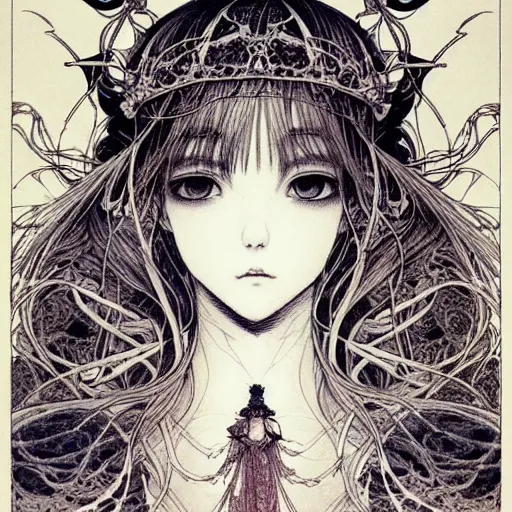 Image similar to prompt: Fragile looking vessel portrait soft light drawn by Vania Zouravliov and Takato Yamamoto, inspired by Fables, ancient crown, magical and alchemical weapons, soft light, white background, intricate detail, intricate ink painting detail, sharp high detail, manga and anime 2000