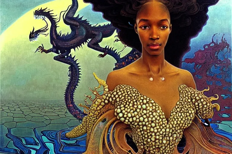 Image similar to realistic extremely detailed closeup portrait painting of a beautiful black woman wearing futuristic dress, dystopian landscape with a mutant dragon on background by Jean Delville, Amano, Yves Tanguy, Alphonse Mucha, Ernst Haeckel, Edward Robert Hughes, Roger Dean, rich moody colours