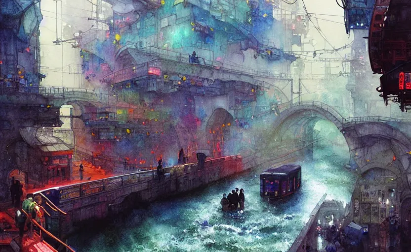 Image similar to an urban train rides inside of a waterway on a fantasy city. intricate, amazing composition, colorful watercolor, by ruan jia, by maxfield parrish, by marc simonetti, by hikari shimoda, by robert hubert, by zhang kechun, illustration, gloomy