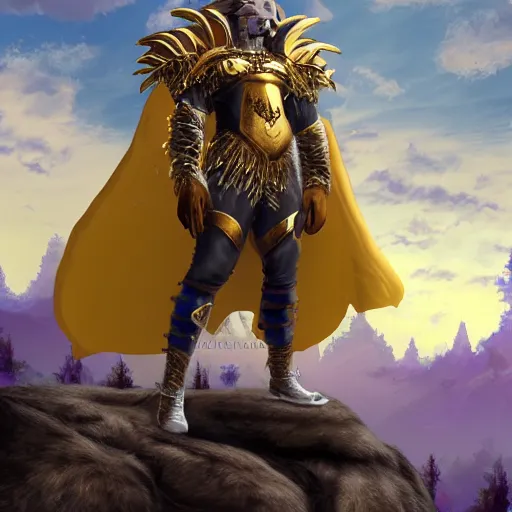 Prompt: werewolf king, in golden heavy platemail armor, with a long flowing blue cape, standing on castle balcony, the castle is amidst a sprawling forest with an oceanside cliff on one side, realistic, 8k