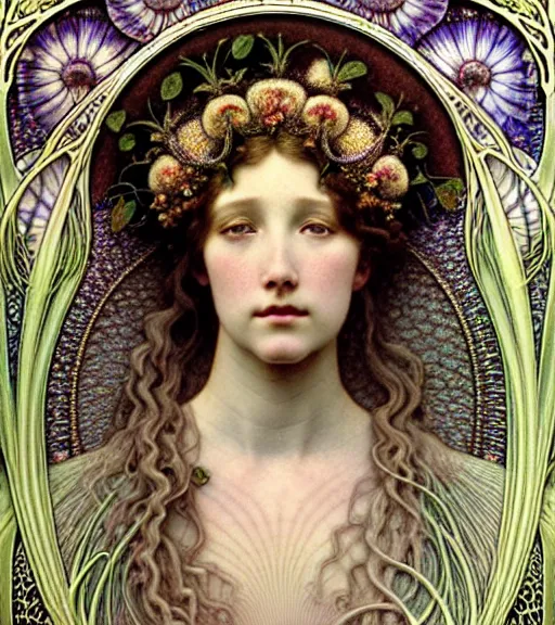 Image similar to beautiful young flower queen detailed realistic porcelain face portrait by jean delville, gustave dore, iris van herpen and alphonse mucha, art forms of nature by ernst haeckel, art nouveau, symbolist, visionary, gothic, neo - gothic, pre - raphaelite, fractal lace, intricate alien botanicals, surreality, hyperdetailed ultrasharp octane render