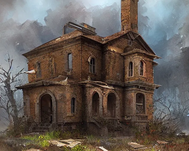 Prompt: matte painting of abandoned house by marc simonetti