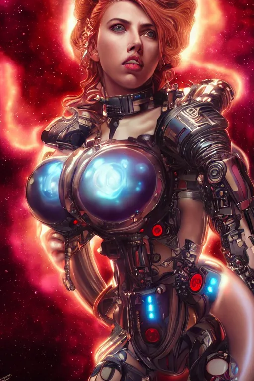 Image similar to celestial cyberpunk scarlett johansson with cybernetic implants emerging from the big bang, by artgerm and yoshitaka amano and moebius and alphonse mucha, hyperdetailed, dc comics, ornate, nebula, explosions in the sky, trending on artstation