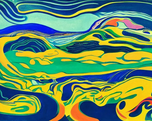 Image similar to A wild, insane, modernist landscape painting. Wild energy patterns rippling in all directions. Curves, organic, zig-zags. Saturated color. LSD. DMT. Mountains. Clouds. Rushing water. Sci-fi dreamworld. Wayne Thiebaud. Edvard Munch landscape.