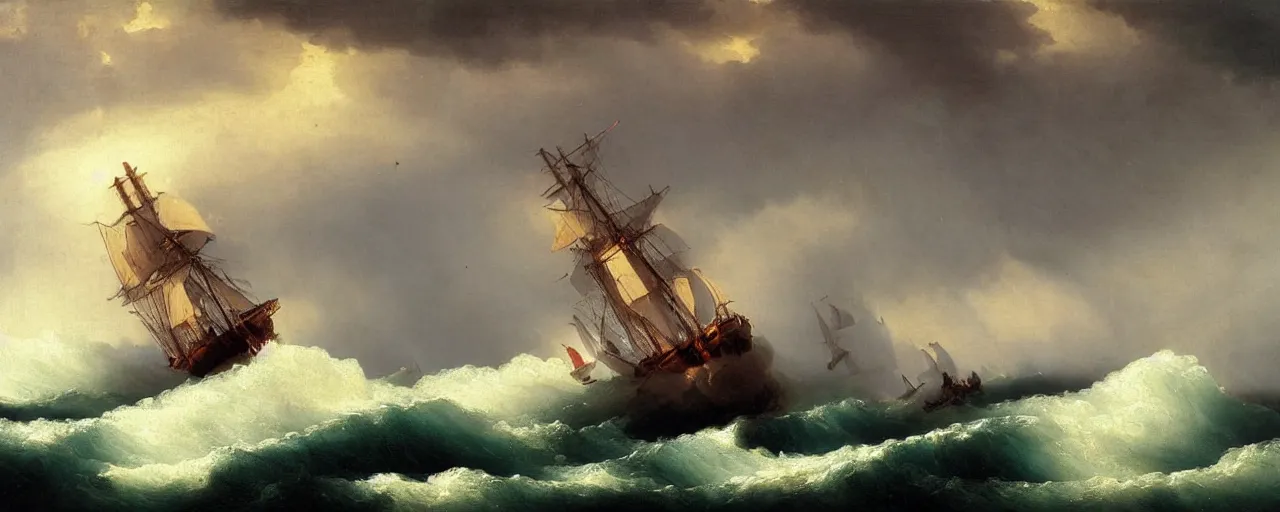 Prompt: 1 8 th century wooden flagship being capsized by a wave in a storm, by maritime romanticist ivan aivazovsky