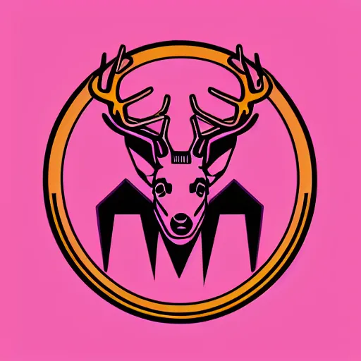 Image similar to logo for science corporation that involves deer head, symmetrical, retro pink synthwave style, retro sci fi