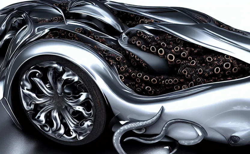 Prompt: car made of octopus, luxury HD render, sports car with tentacles, car made of shiny octopus flesh, half car half octopus, 4k