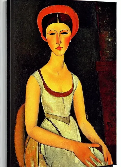 Image similar to portrait of young woman in renaissance dress and renaissance headdress, art by amedeo modigliani