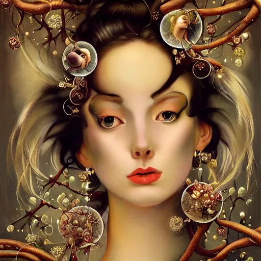 Image similar to dynamic composition, a painting of woman with hair of ( snowflakes )!! and ( vines in winter )! wearing ornate earrings, ornate gilded details, a surrealist painting by tom bagshaw and jacek yerga and tamara de lempicka and jesse king, featured on cgsociety, pop surrealism, surrealist, dramatic lighting, wiccan, pre - raphaelite