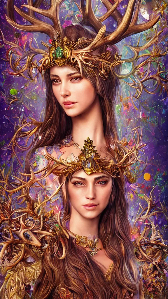 Prompt: highly detailed full body portrait of Artemis, goddess of the hunt and the moon, wearing a crown made of antlers, studio lightning, bright colors, intricate, masterpiece, photorealistic, hiperrealistic, sharp focus, high contrast, Artstation HQ, DeviantArt trending, 4k UHD, Unreal Engine 5