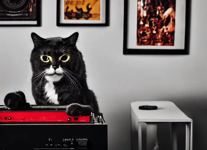 Image similar to photography of a Cat sitting on a record player. in a room full of posters, photorealistic, raining award winning photo, 100mm, sharp, high res