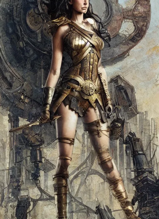 Image similar to highly detailed steampunk gal gadot standing, steel age : leonardo da vinci, greg rutkowski, magali villeneuve