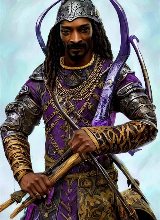 Image similar to snoop dogg as an archer, short beard, grumpy, intricate plate armor with purple accents, Ivan Aivakovsky, Boris Vallejo, epic fantasy character art, D&D Concept Art, full length, Realistic, Regal, Refined, Detailed Digital Art, Oil Paining, Exquisite detail, post-processing, masterpiece, Cinematic Lighting, Unreal Engine, 8k, HD, Stanley Artgerm Lau, WLOP, Rossdraws, Frank Frazetta, Andrei Riabovitchev, Marc Simonetti, trending on artstation,