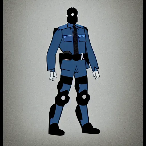 Image similar to Character design police man, man in dark blue full, concept art character, very high angle view,left arm of the robot, book cover, very attractive man with beard, walking in cyberpunk valley highly detailed full body, strong masculine features, sturdy body, command presence, police man!!, royalty, smooth, sharp focus, organic, appealing, deep shadows, sketch lineart for character design