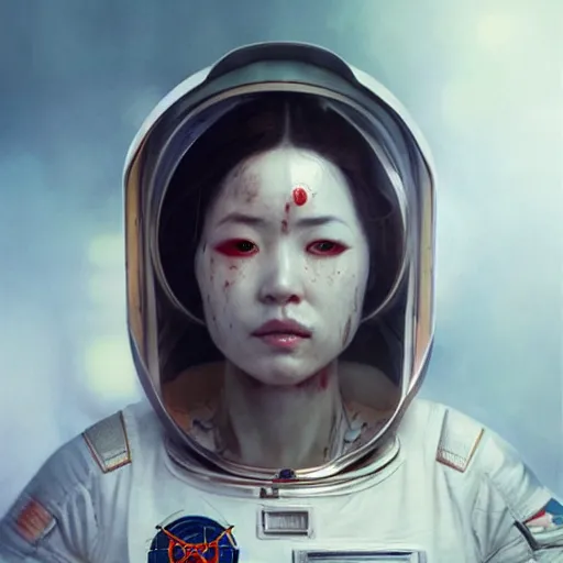 Image similar to asia woman bloodiedface in astronaut gear, ultra realistic, concept art, intricate details, eerie, horror, highly detailed, photorealistic, octane render, 8 k, unreal engine. art by artgerm and greg rutkowski and alphonse mucha