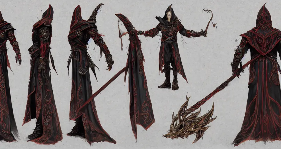 Prompt: A full color character sheet with front, back and side views of an evil Sorcerer n ornamental robes with glowing runes on fabric, holding a tall glowing ornate intricate magical staff, video game concept art by Wizards of the Coast, Magic The Gathering, Blizzard, Games Workshop, Greg Rutkowski, Craig Mullins, WETA, Elder Scrolls.