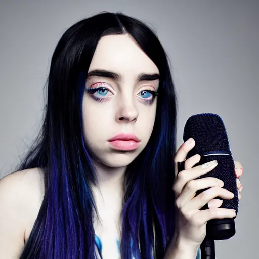 Image similar to a combination of Billie Eilish, Ariana Grande and Camilla Cabello with a microphone, selfie, symmetric, high details, hyperrealistic, bright colors,