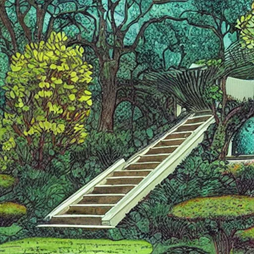 Prompt: old white house small stairs into lush garden, drawing moebius